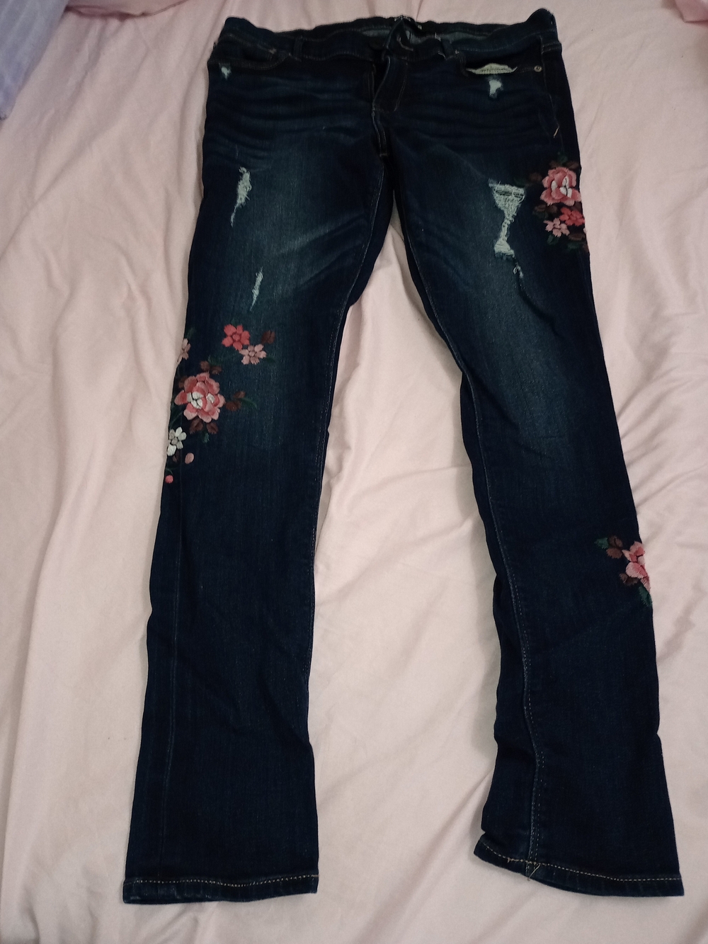 Express Dark Wash Bootcut Jeans with Pink Floral Embroidery
